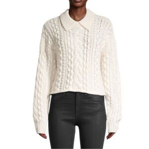 525 America Cable-Knit Polo Cropped Relaxed Sweater in Ivory Chalk Size Large